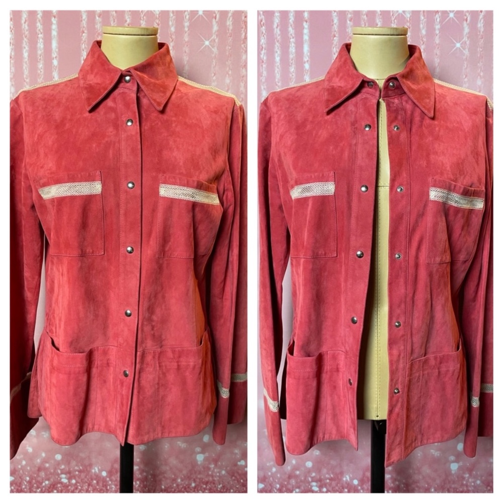 [6] ZENOBIA Italian Leather Red Suede Snap-Down Overshirt/Jacket
